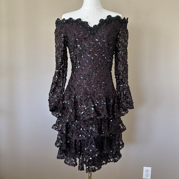 Vintage Lillie Rubin sz 6 80s 90s Black Brown Sequin Cocktail Prom Dress Formal - Picture 12 of 12